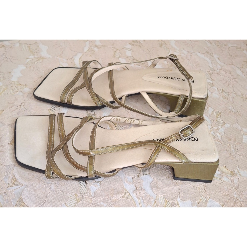 Y2K Vintage Pons Quintana Olive‎ Square Toe Luxury Block Heel Strappy Sandals 37